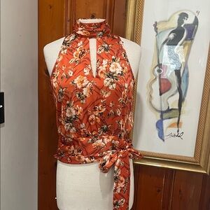 White House Black Market Floral Halter Tie-Waist Top in Rust
